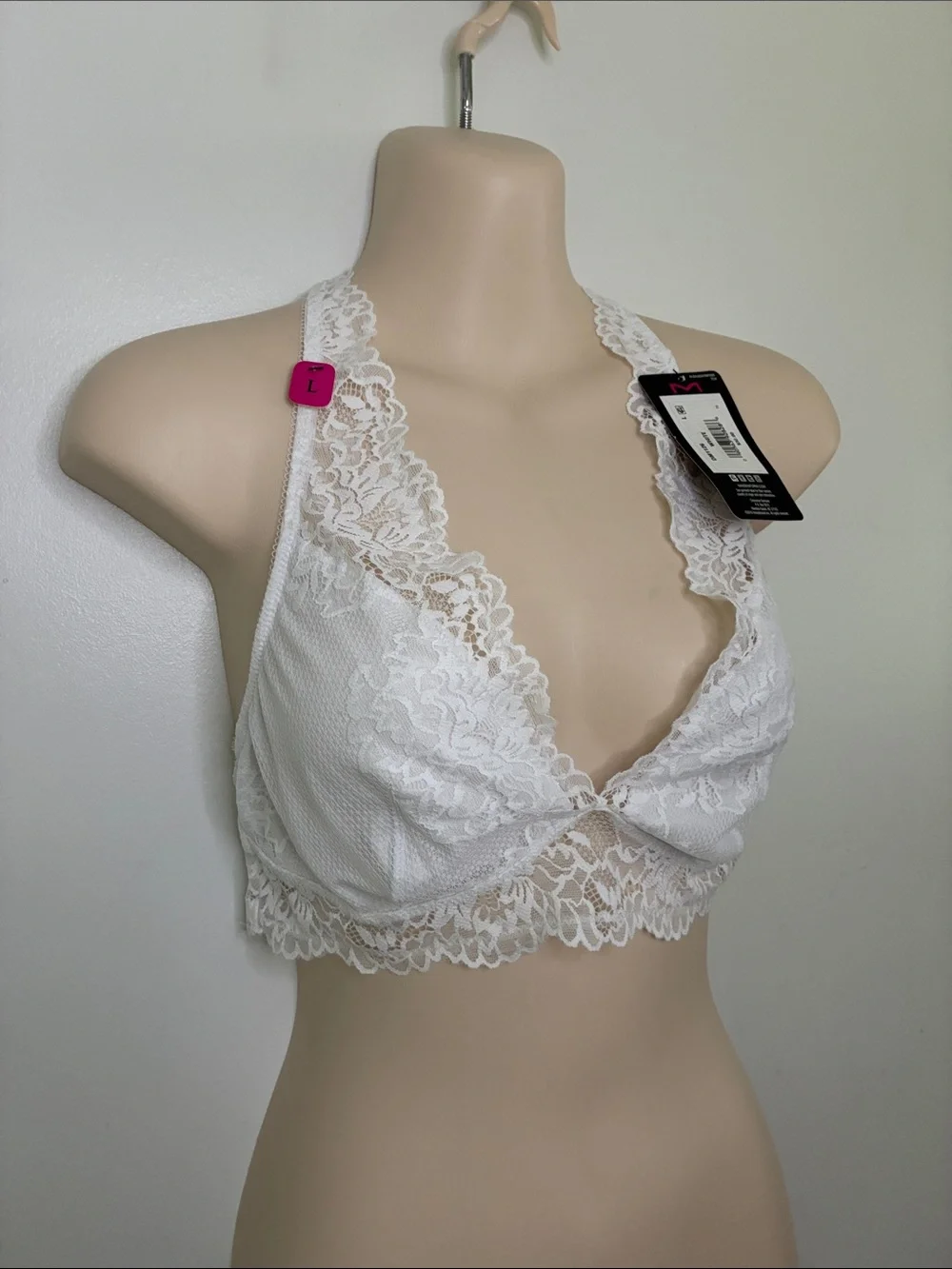 Maidenform White Lace Halter Racerback Bralette - Lightweight Womens Intimates L